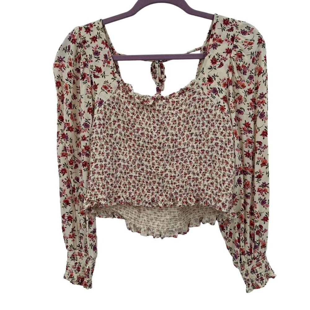 American Eagle Women's Floral Smocked Long Sleeve Crop Top Cottagecore Large